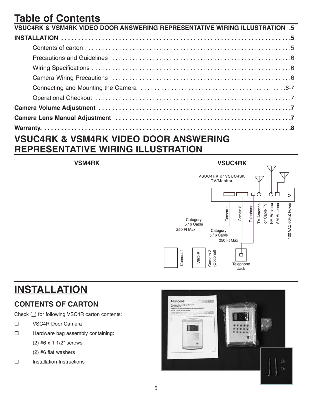 NuTone VSC4R installation instructions Table of Contents, Installation 