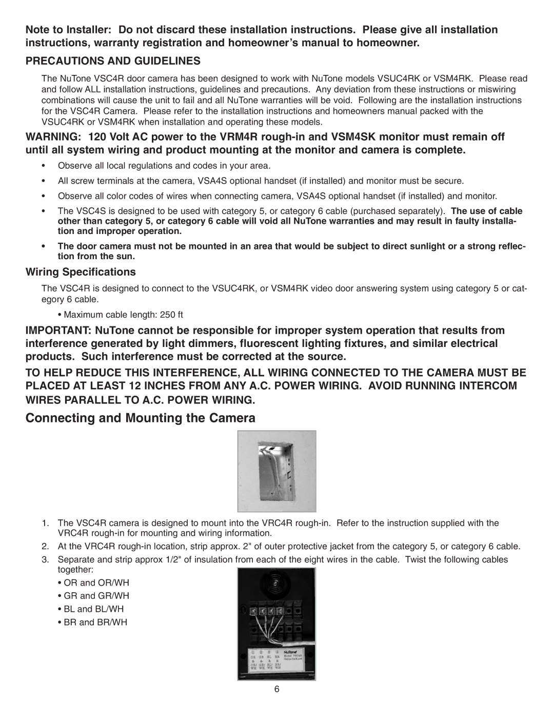 NuTone VSC4R Connecting and Mounting the Camera, Precautions and Guidelines, Wiring Specifications 