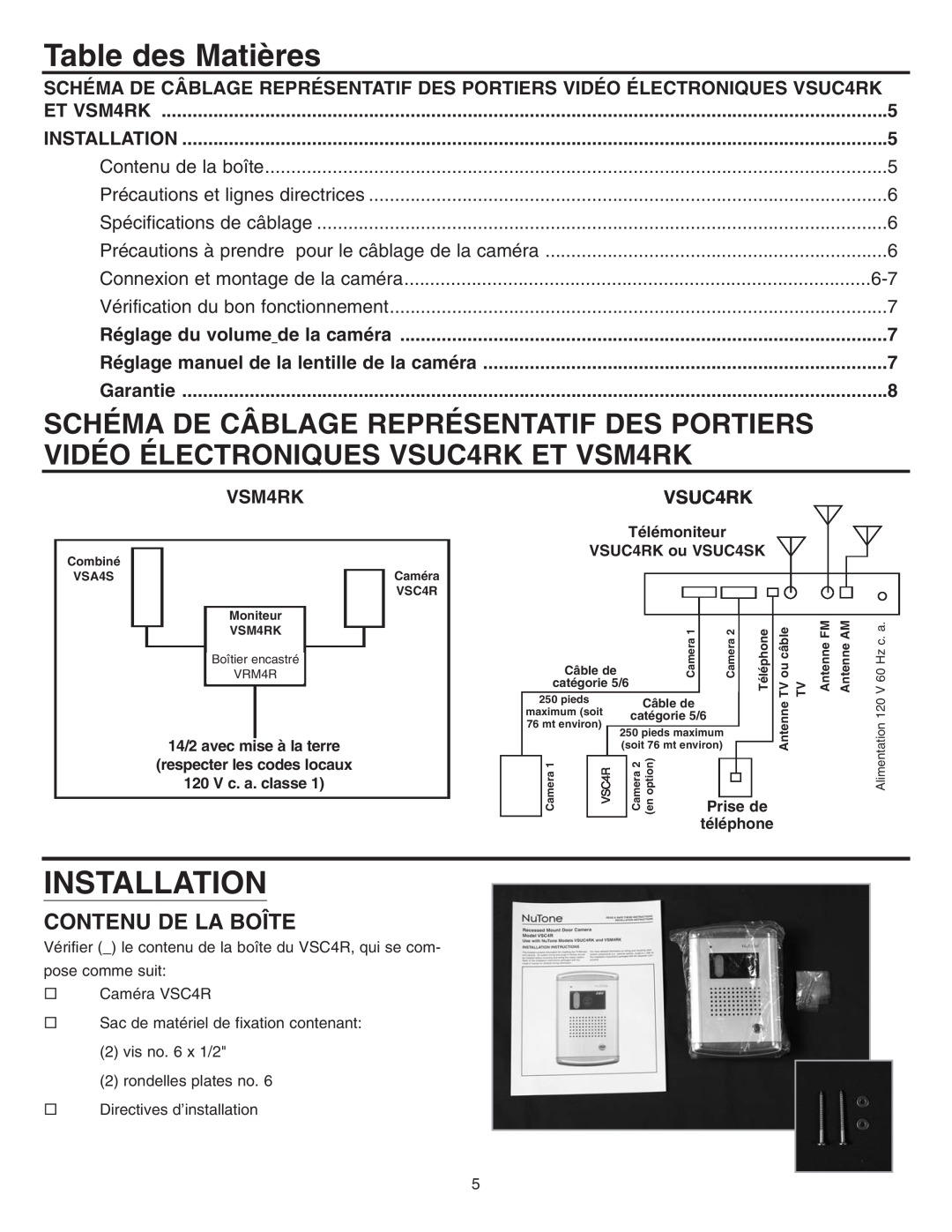 NuTone VSC4R installation instructions Table des Matières 