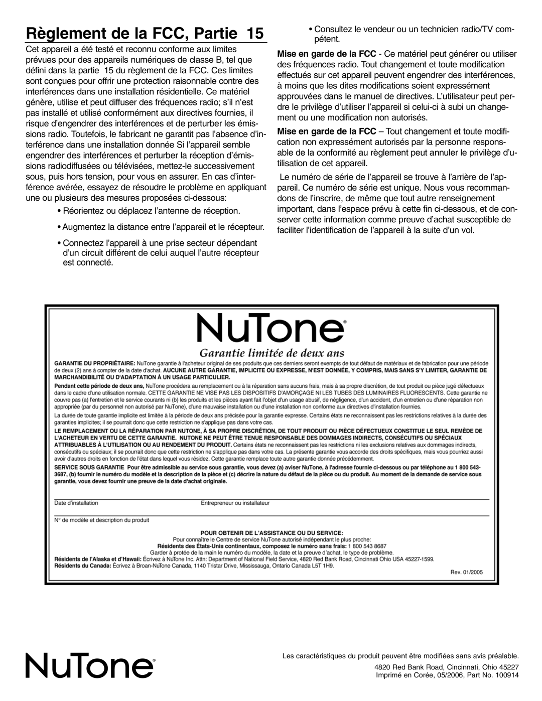 NuTone VSC4R installation instructions Règlement de la FCC, Partie 