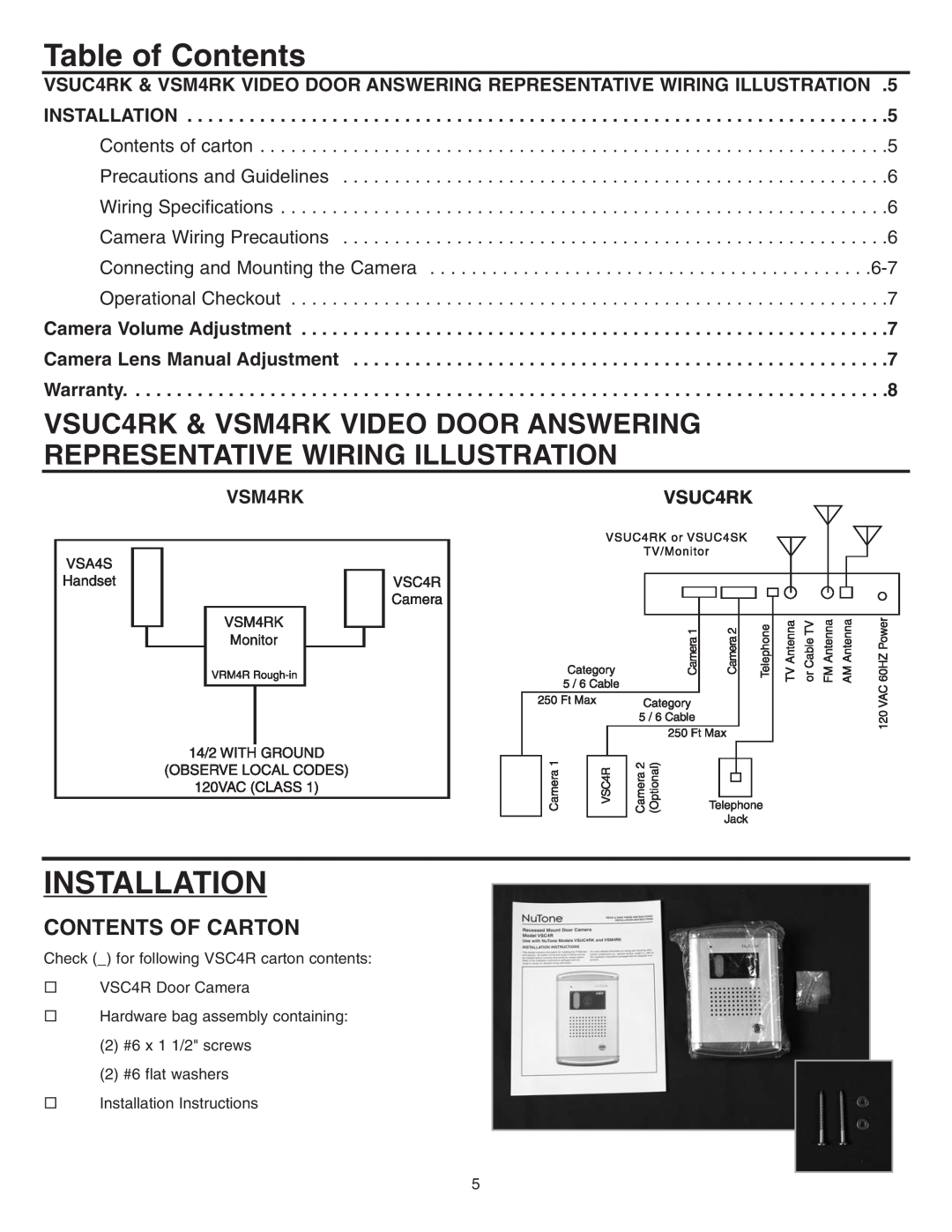 NuTone VSC4R installation instructions Table of Contents, Installation, Contents Of Carton 