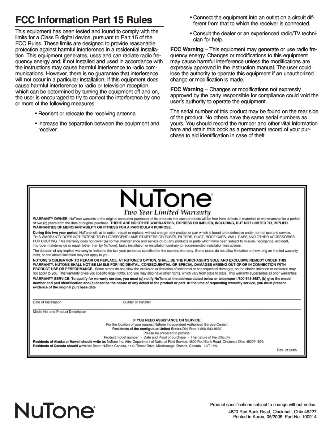 NuTone VSC4R installation instructions FCC Information Part 15 Rules 
