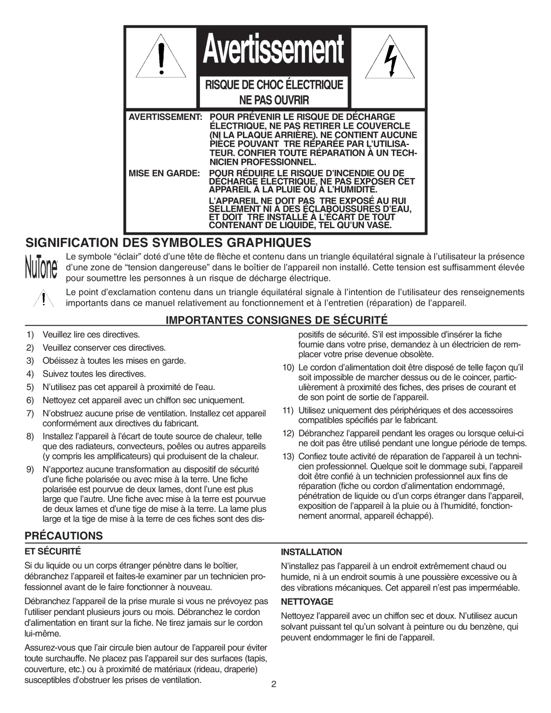 NuTone VSC4S installation instructions Importantes Consignes DE Sécurité, Précautions 