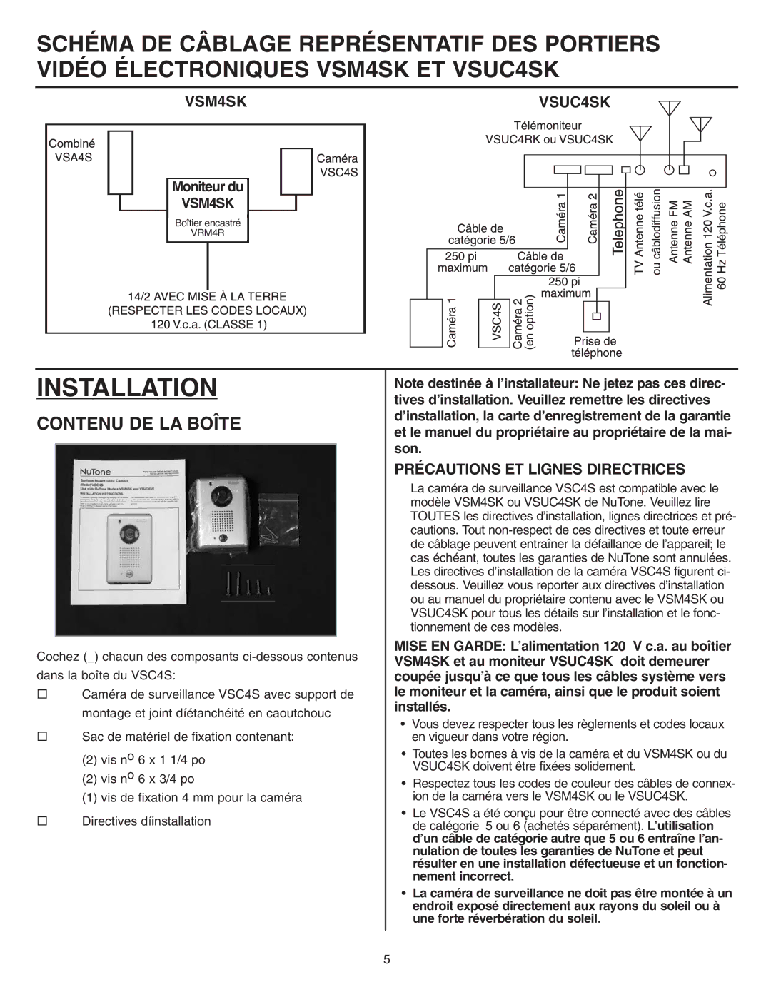 NuTone VSC4S installation instructions Installation, Précautions ET Lignes Directrices 