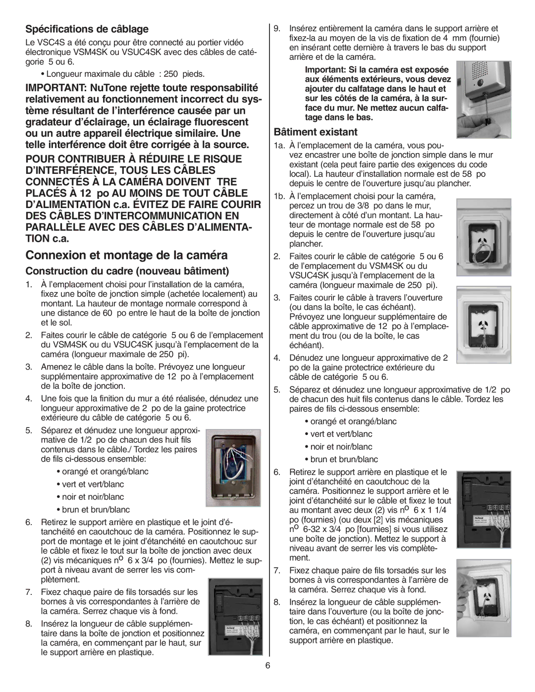 NuTone VSC4S installation instructions Connexion et montage de la caméra, Spécifications de câblage 