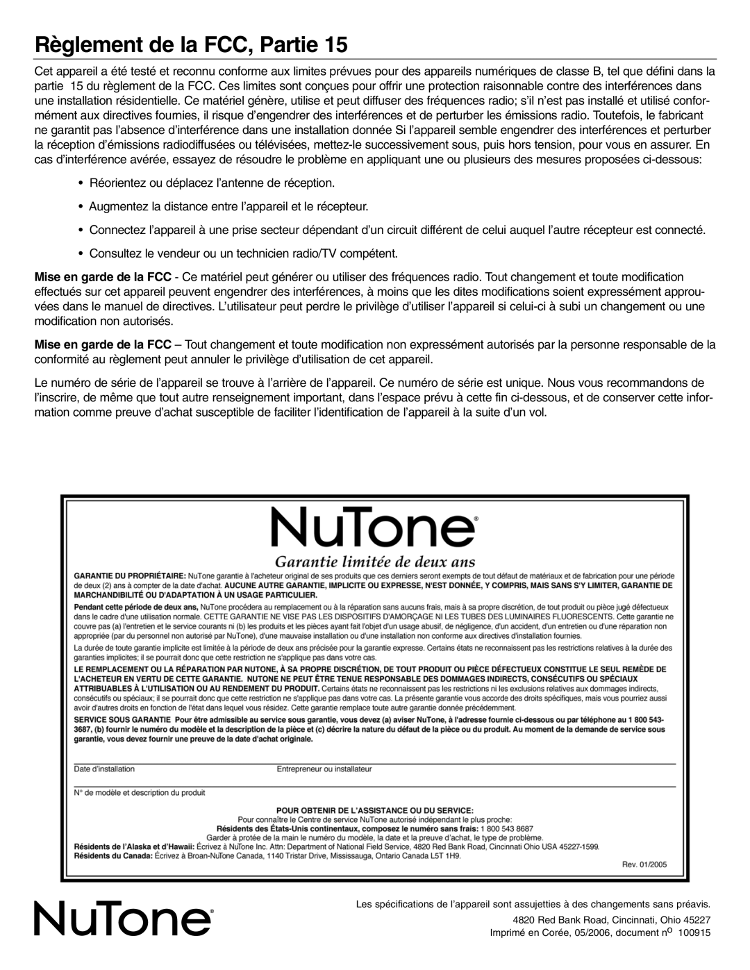 NuTone VSC4S installation instructions Règlement de la FCC, Partie 