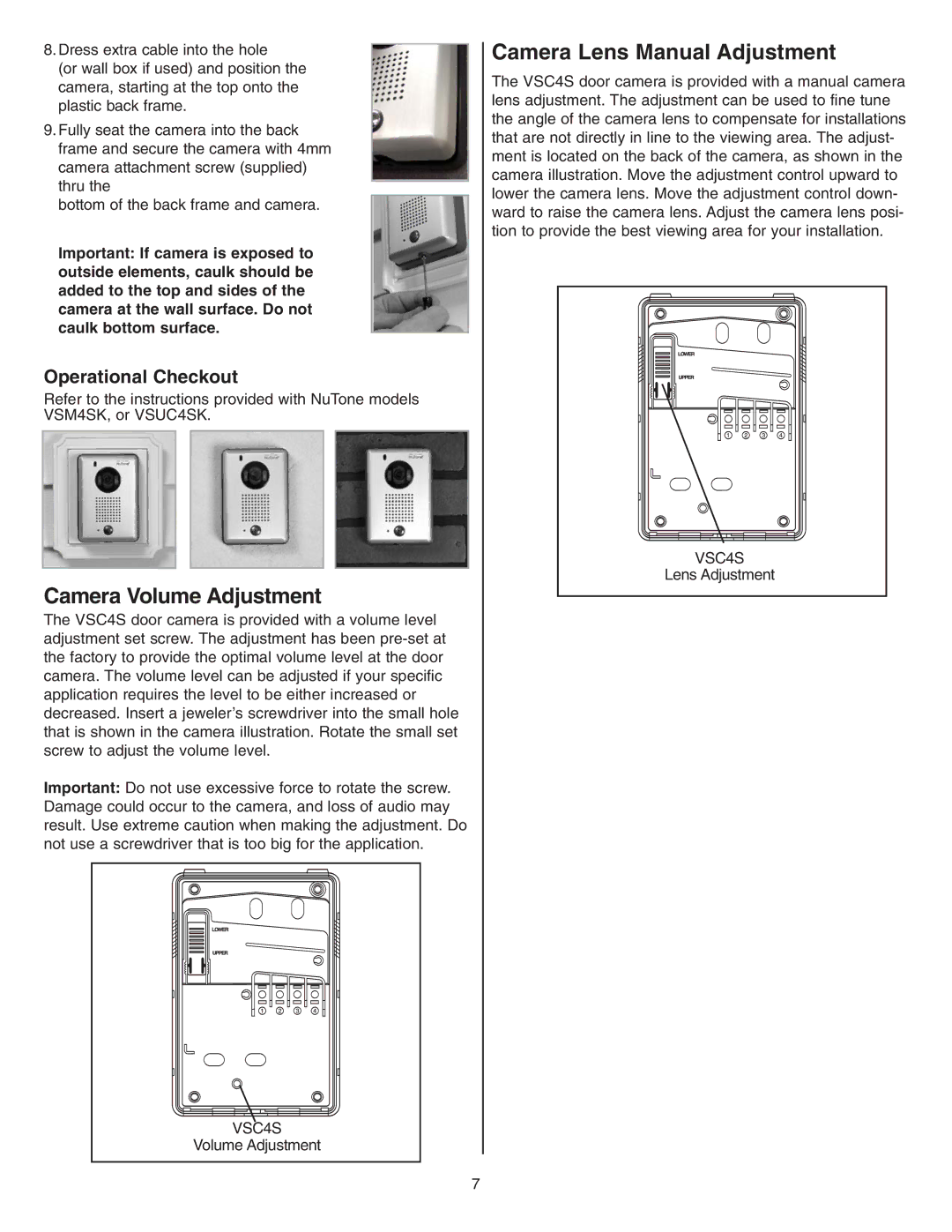 NuTone VSC4S installation instructions Camera Volume Adjustment, Camera Lens Manual Adjustment 