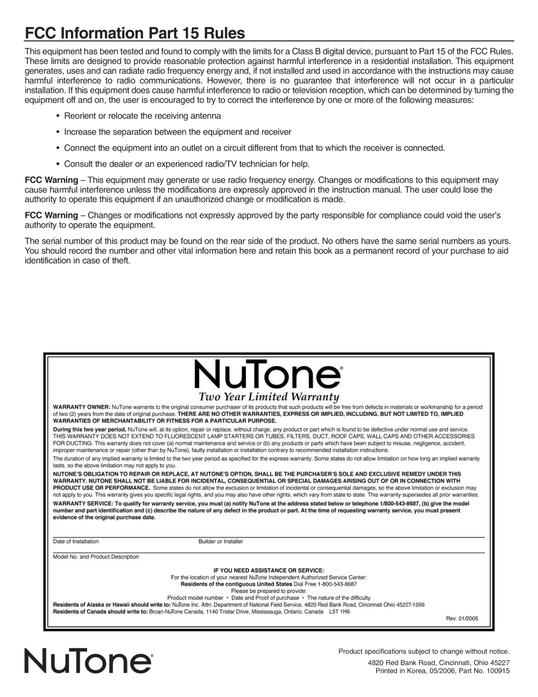 NuTone VSC4S installation instructions FCC Information Part 15 Rules 