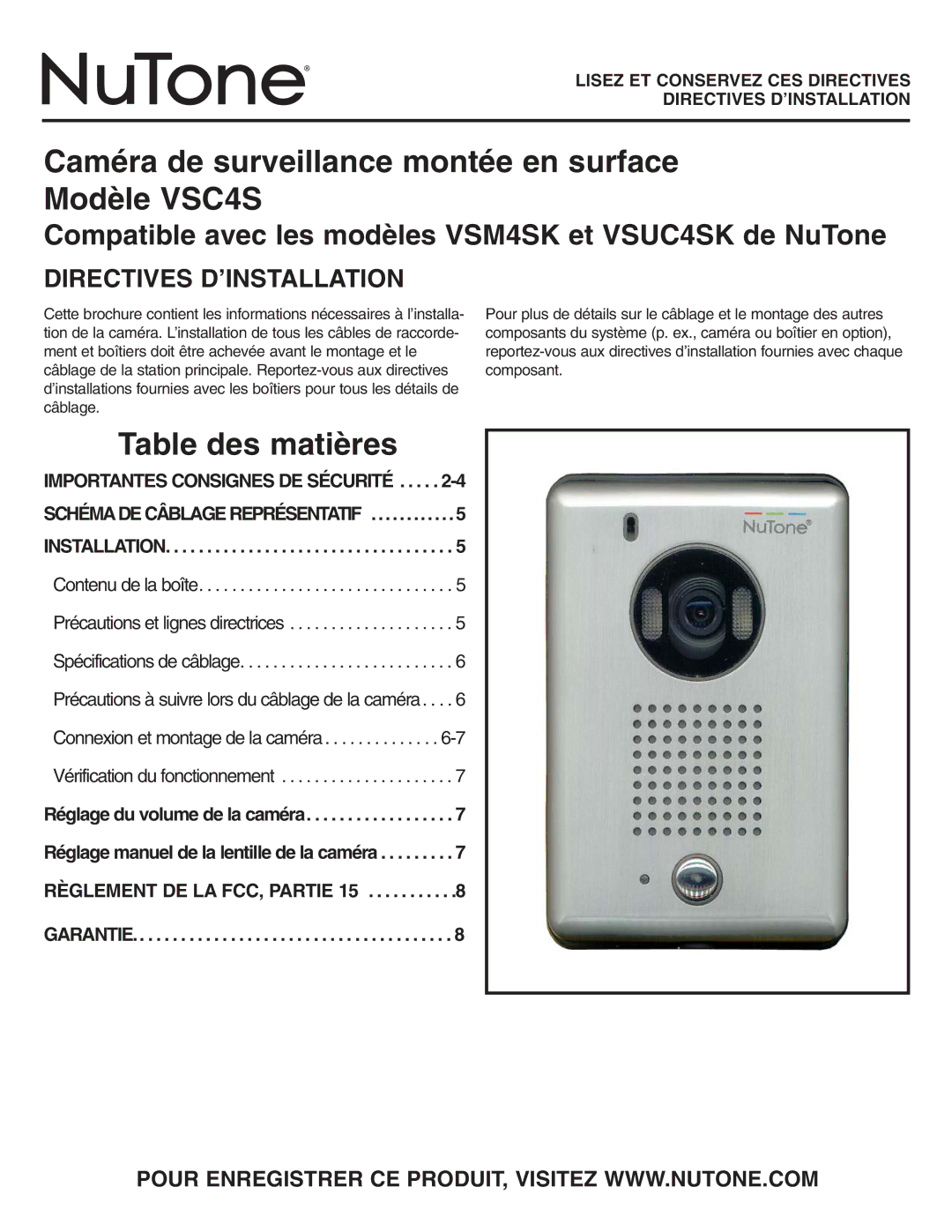 NuTone Caméra de surveillance montée en surface Modèle VSC4S, Compatible avec les modèles VSM4SK et VSUC4SK de NuTone 