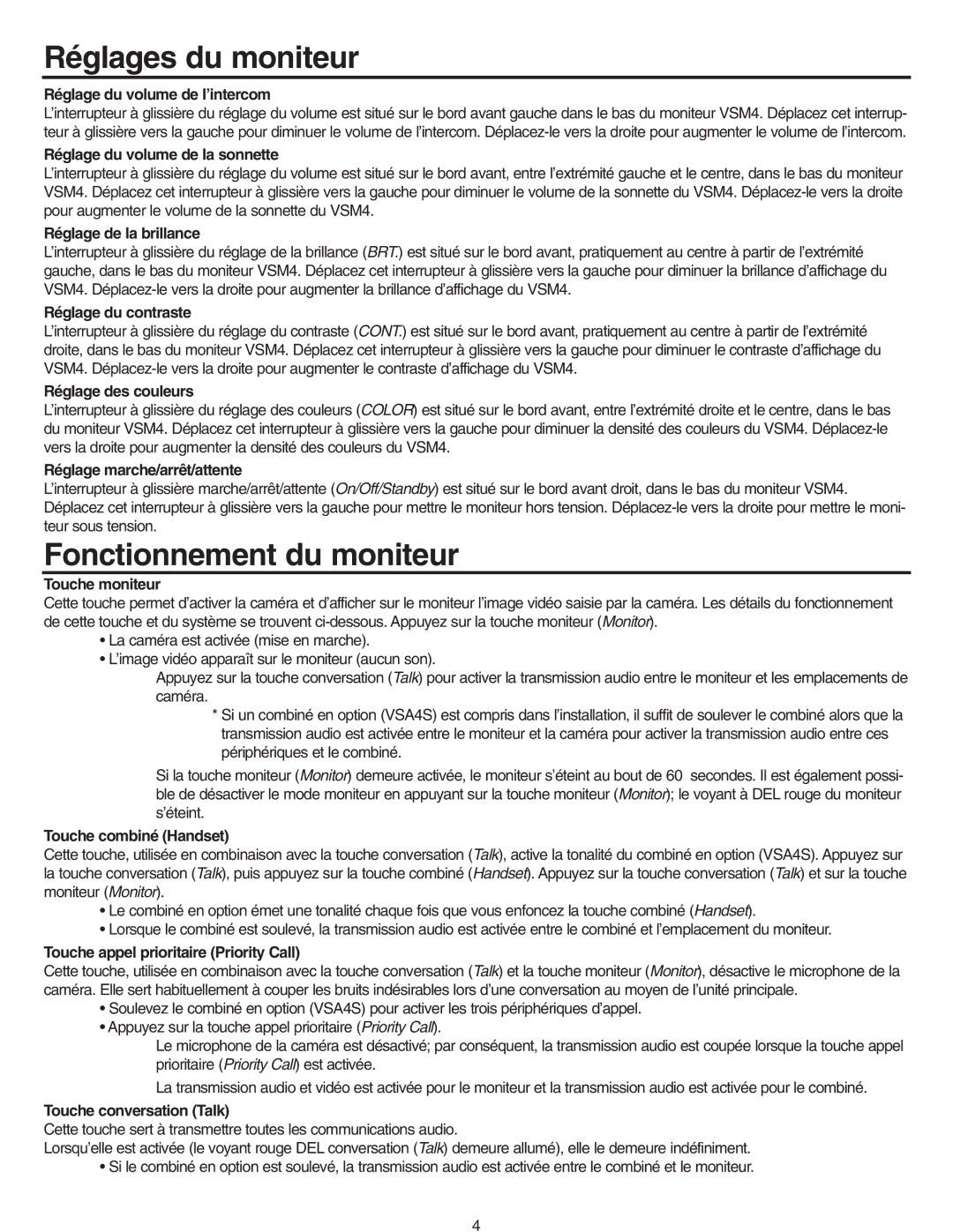 NuTone VSM4RK, VSM4SK operating instructions Réglages du moniteur, Fonctionnement du moniteur 