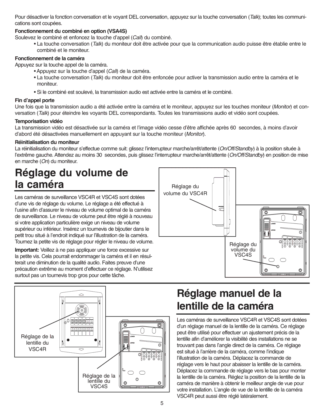 NuTone VSM4SK, VSM4RK operating instructions Réglage du volume de la caméra 