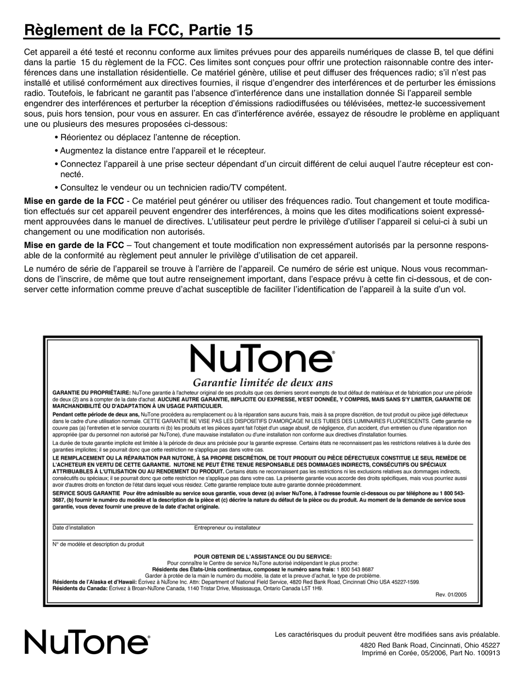 NuTone VSM4RK, VSM4SK operating instructions Règlement de la FCC, Partie 