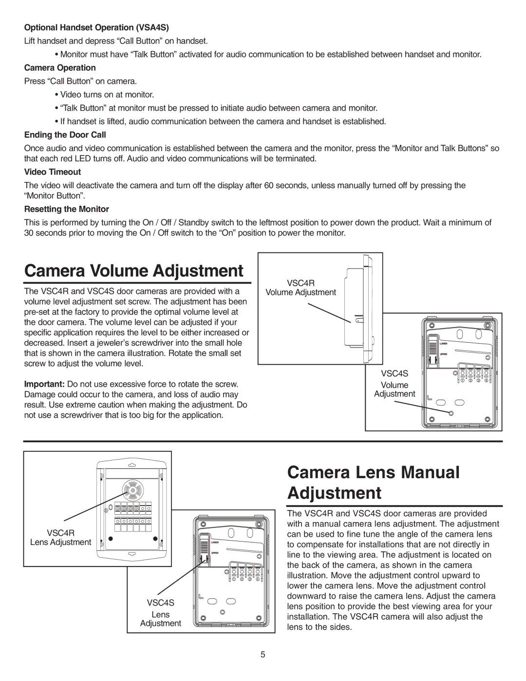 NuTone VSM4SK, VSM4RK operating instructions Camera Volume Adjustment, Camera Lens Manual Adjustment 