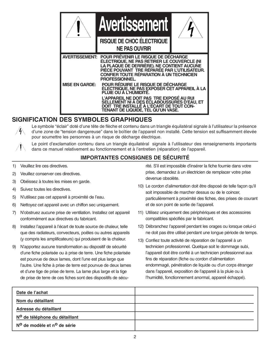 NuTone VSM4RK, VSM4SK operating instructions Avertissement 