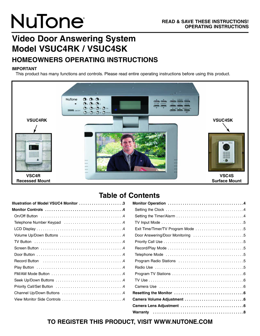 NuTone operating instructions Video Door Answering System Model VSUC4RK / VSUC4SK, Table of Contents 