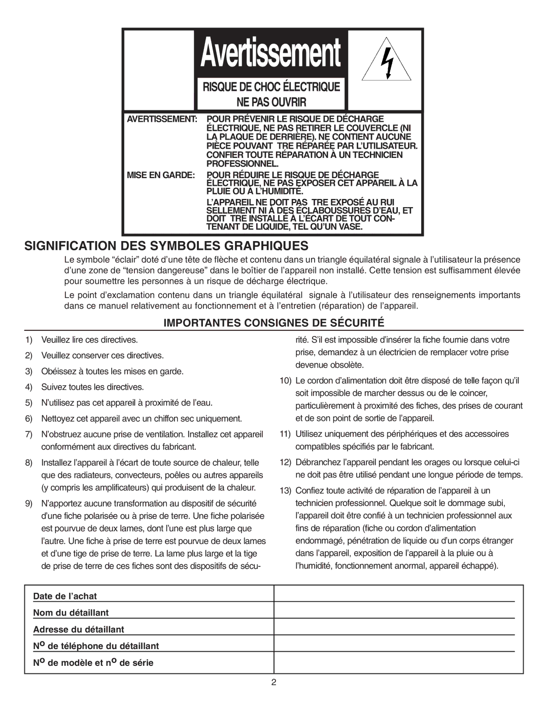 NuTone VSUC4RK operating instructions Avertissement 