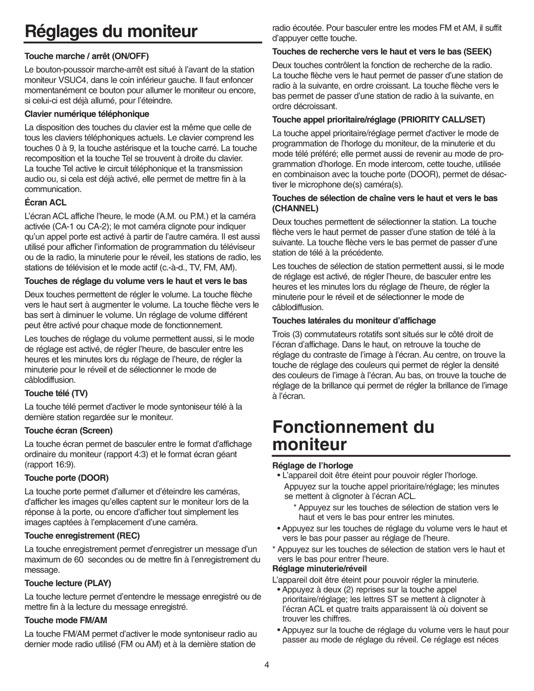 NuTone VSUC4RK operating instructions Réglages du moniteur, Fonctionnement du moniteur 