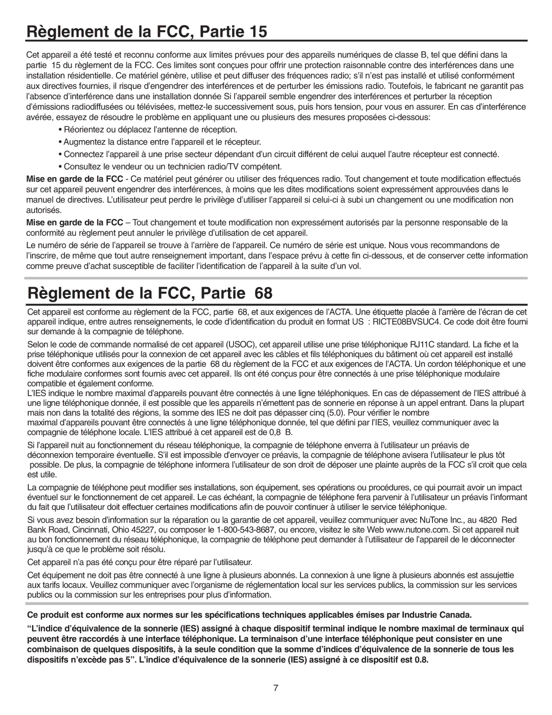 NuTone VSUC4RK operating instructions Règlement de la FCC, Partie 