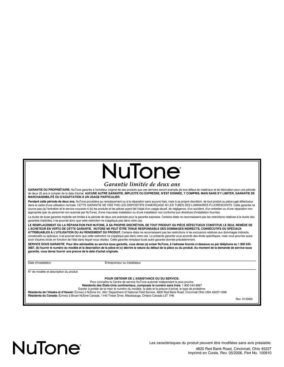 NuTone VSUC4RK operating instructions 