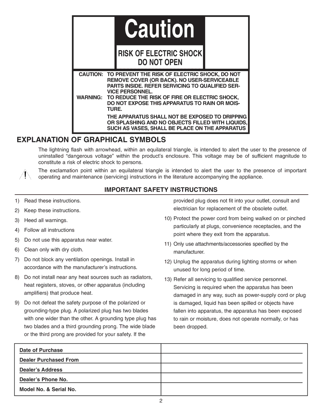 NuTone VSUC4RK operating instructions Risk of Electric Shock Do not Open 