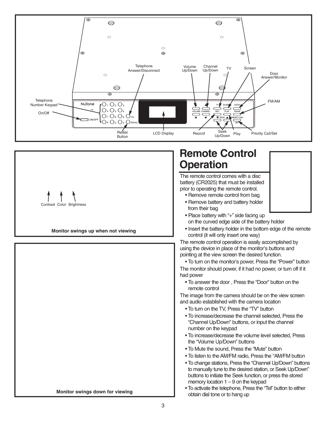 NuTone VSUC4RK operating instructions Remote Control, Operation 