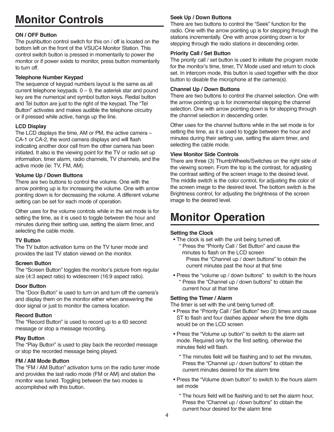 NuTone VSUC4RK operating instructions Monitor Controls, Monitor Operation 