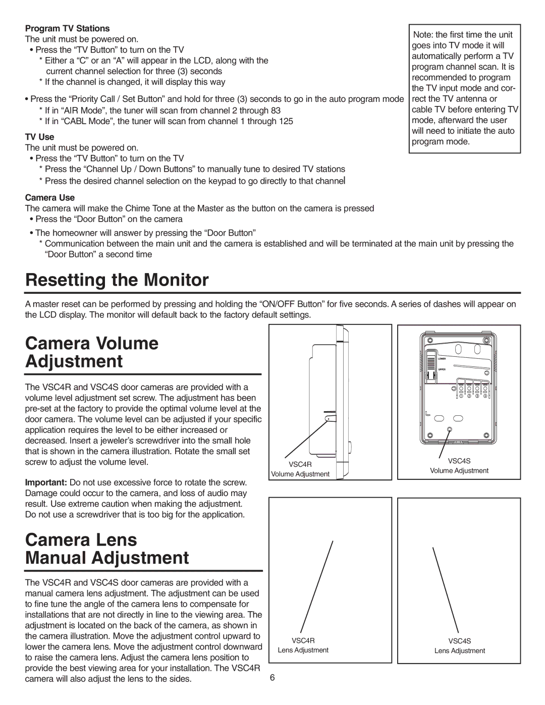 NuTone VSUC4RK operating instructions Resetting the Monitor, Camera Volume Adjustment, Camera Lens Manual Adjustment 