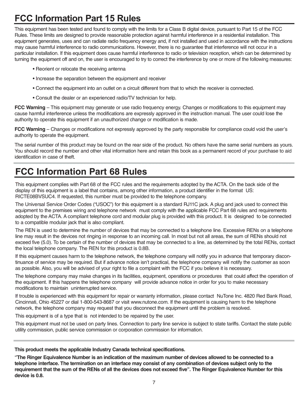 NuTone VSUC4RK operating instructions FCC Information Part 15 Rules 