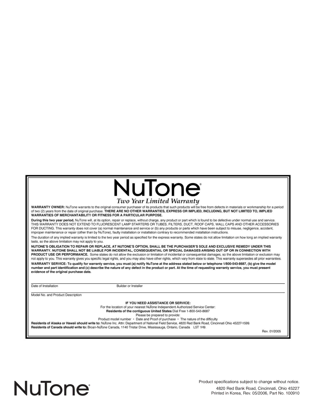 NuTone VSUC4RK operating instructions Product specifications subject to change without notice 