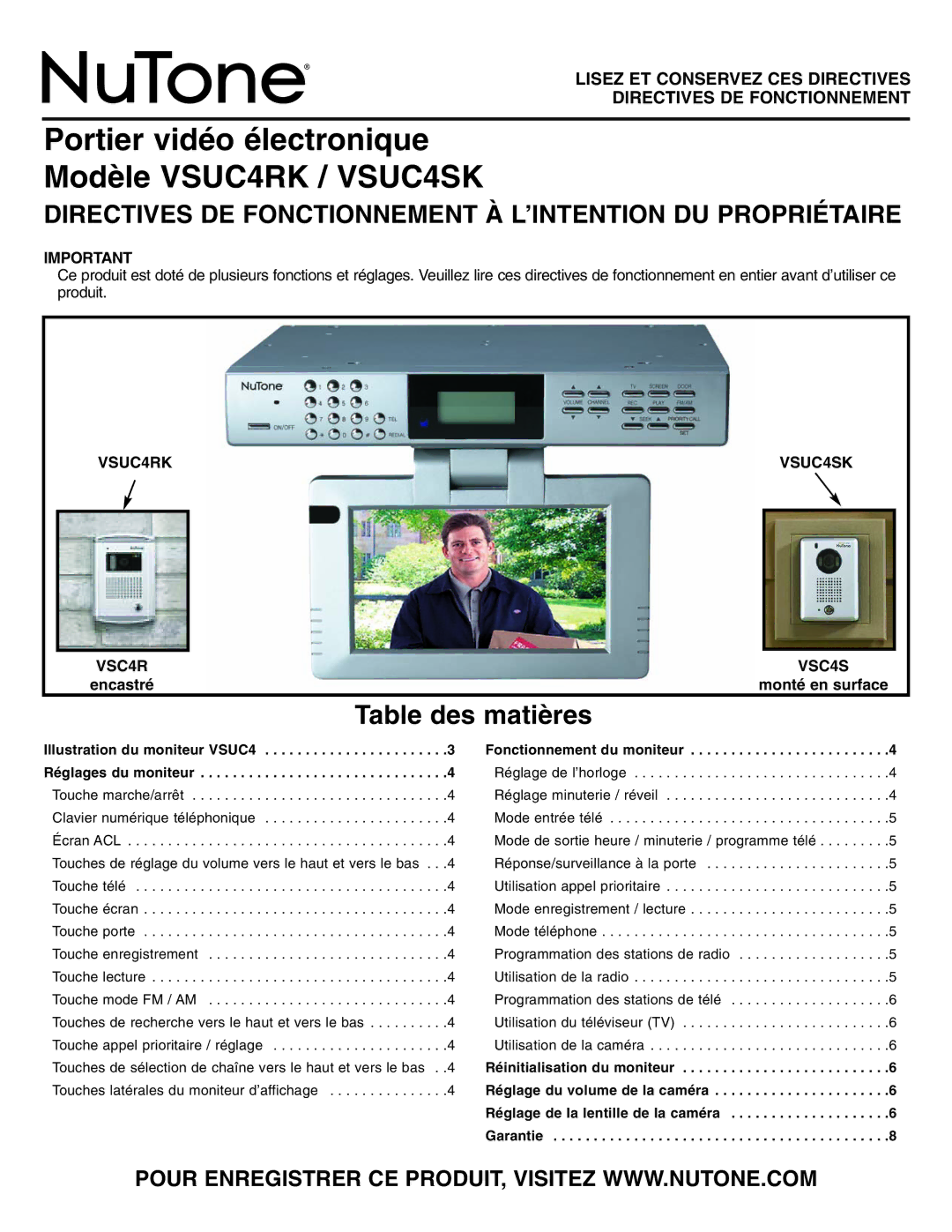 NuTone operating instructions Portier vidéo électronique Modèle VSUC4RK / VSUC4SK, Encastré Monté en surface 