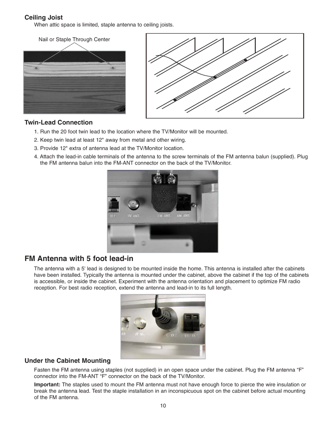 NuTone VSUC4SK installation instructions FM Antenna with 5 foot lead-in, Ceiling Joist, Twin-Lead Connection 