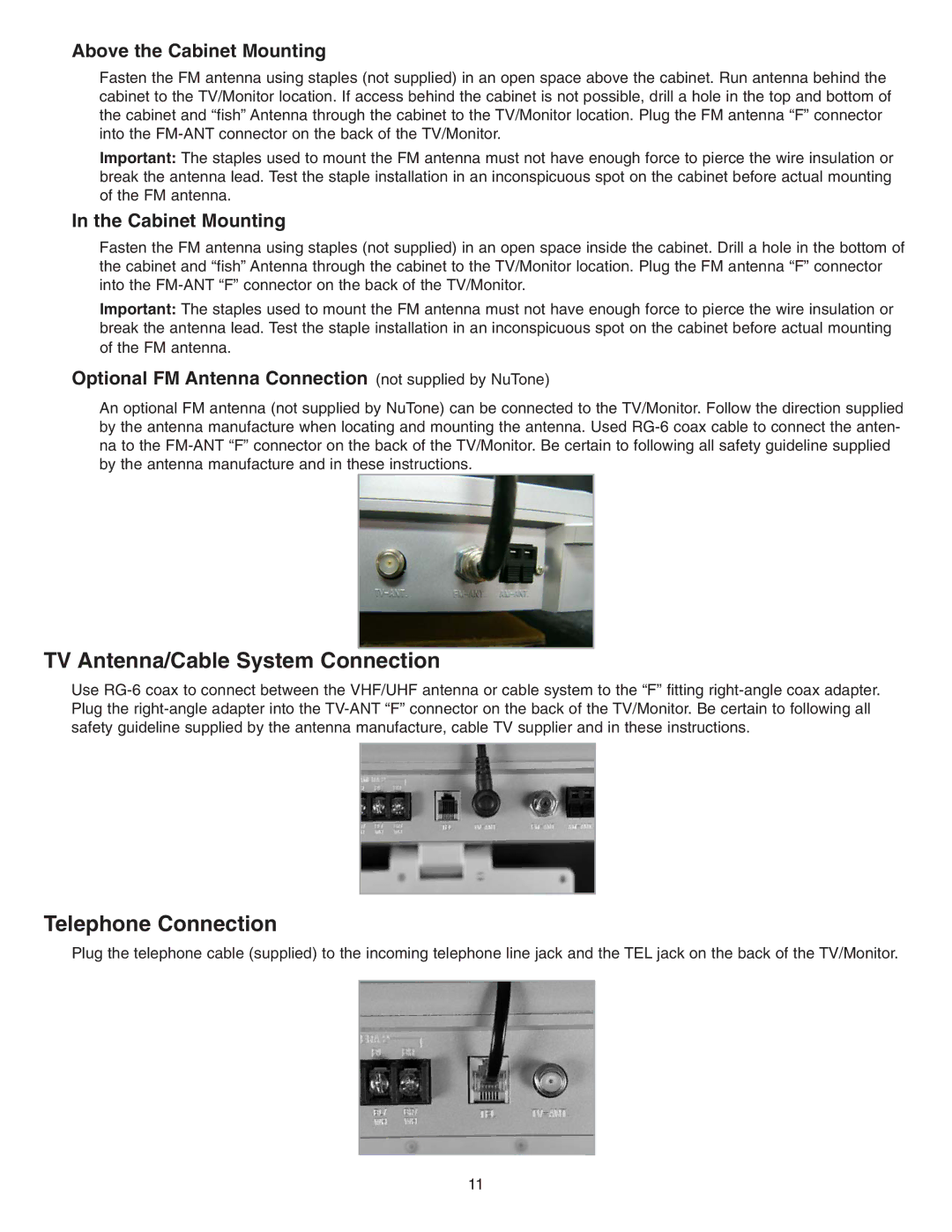 NuTone VSUC4SK installation instructions TV Antenna/Cable System Connection, Telephone Connection 