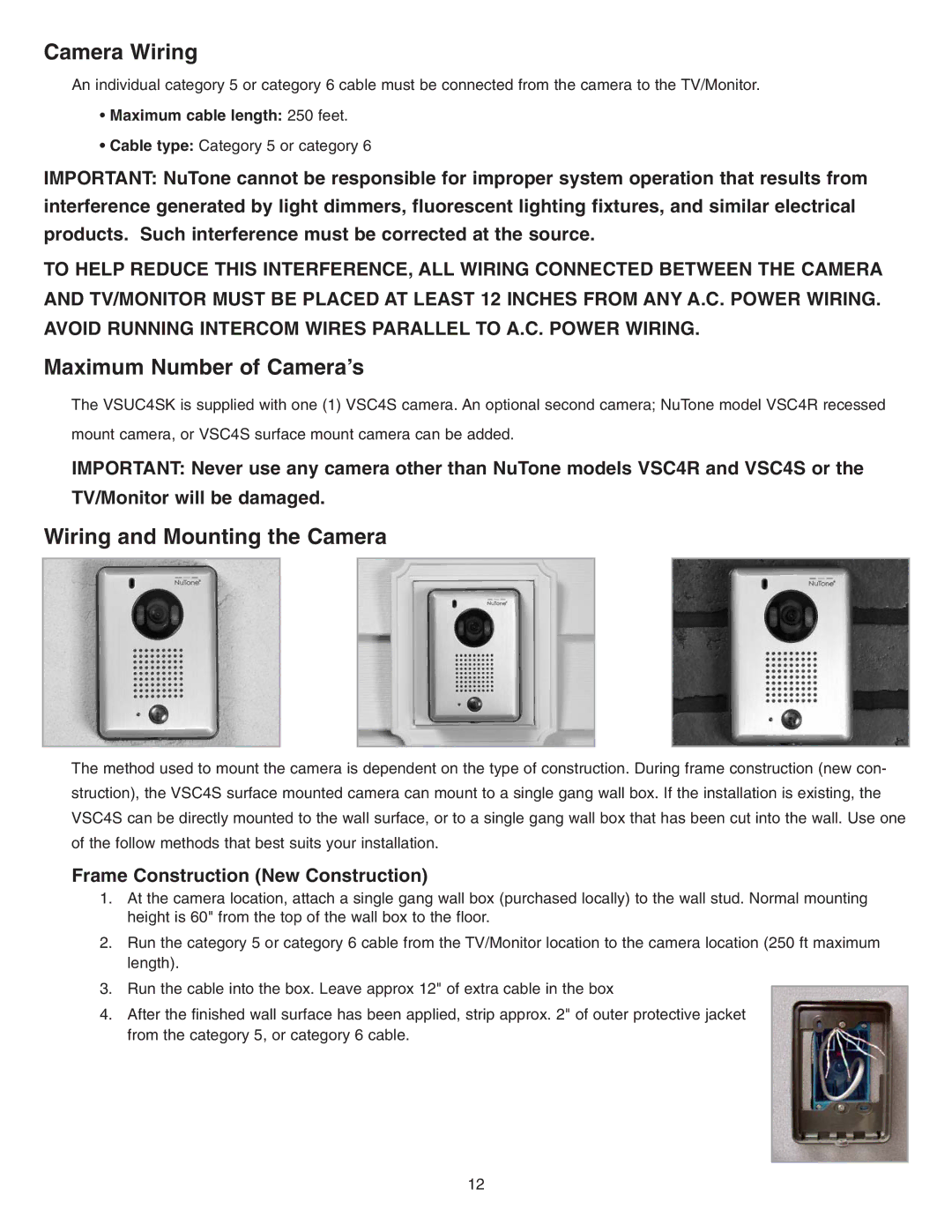 NuTone VSUC4SK installation instructions Camera Wiring, Maximum Number of Camera’s, Wiring and Mounting the Camera 