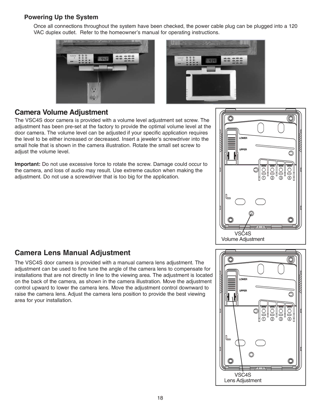 NuTone VSUC4SK installation instructions Camera Volume Adjustment, Camera Lens Manual Adjustment, Powering Up the System 