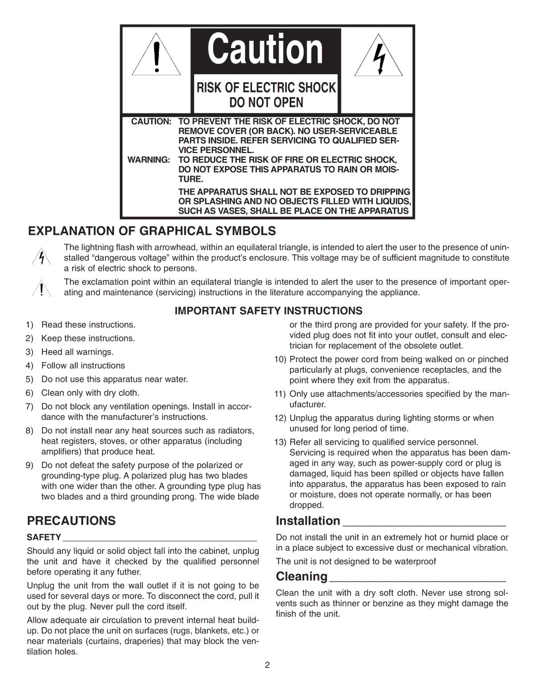 NuTone VSUC4SK installation instructions Installation, Cleaning 