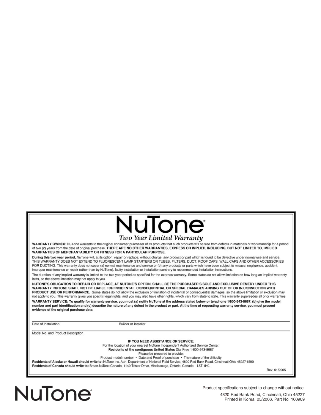 NuTone VSUC4SK installation instructions Product specifications subject to change without notice 