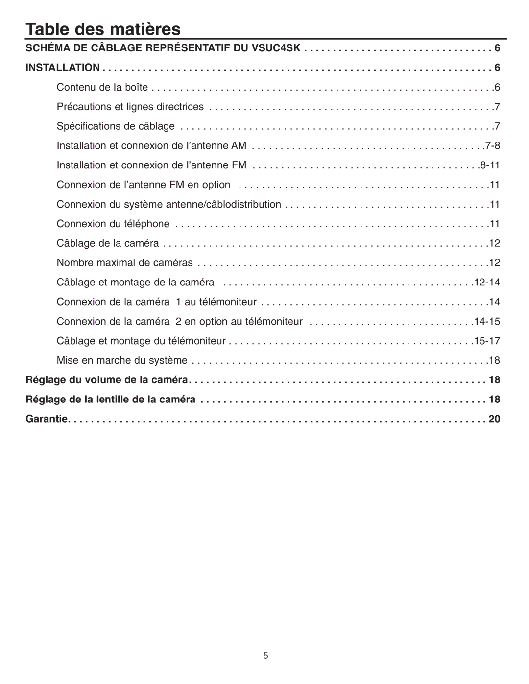 NuTone installation instructions Table des matières, Schéma DE Câblage Représentatif DU VSUC4SK Installation 