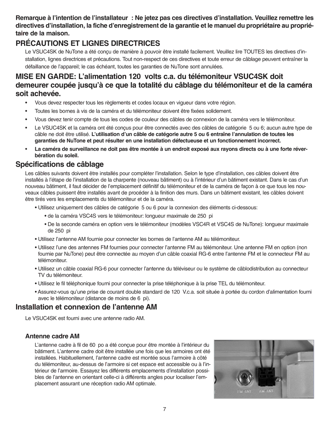 NuTone VSUC4SK Spécifications de câblage, Installation et connexion de l’antenne AM, Antenne cadre AM 