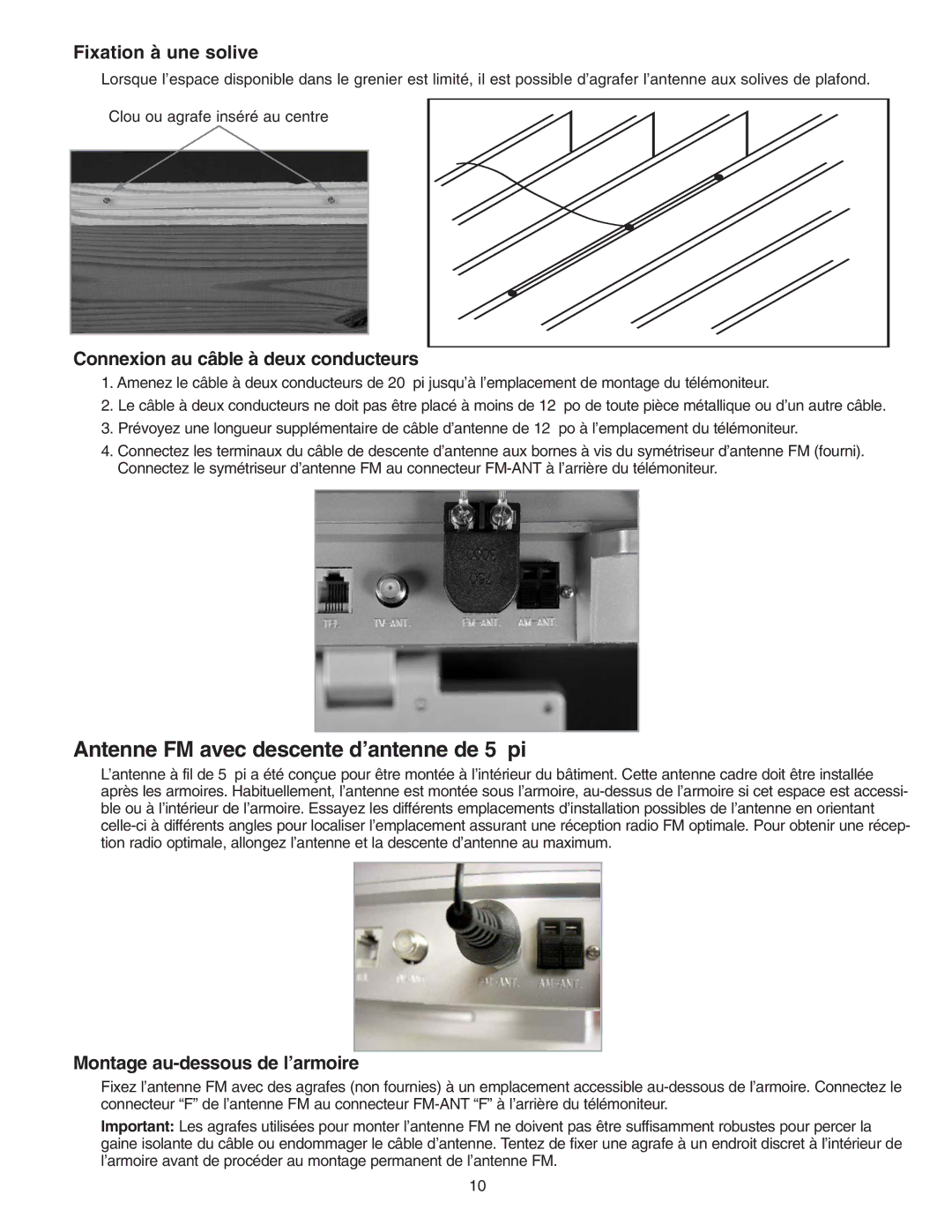 NuTone VSUC4SK Antenne FM avec descente d’antenne de 5 pi, Fixation à une solive, Connexion au câble à deux conducteurs 