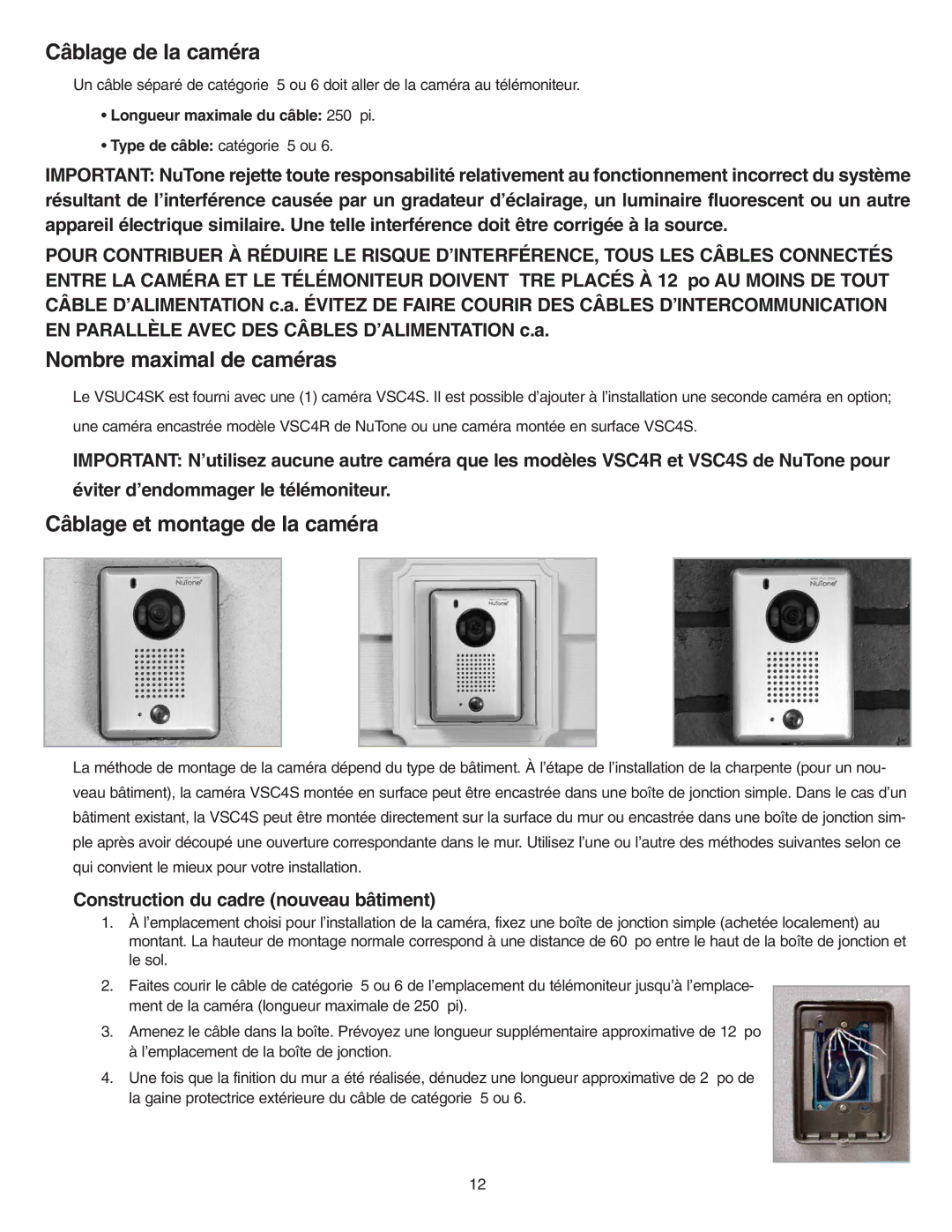 NuTone VSUC4SK installation instructions Câblage de la caméra, Nombre maximal de caméras, Câblage et montage de la caméra 