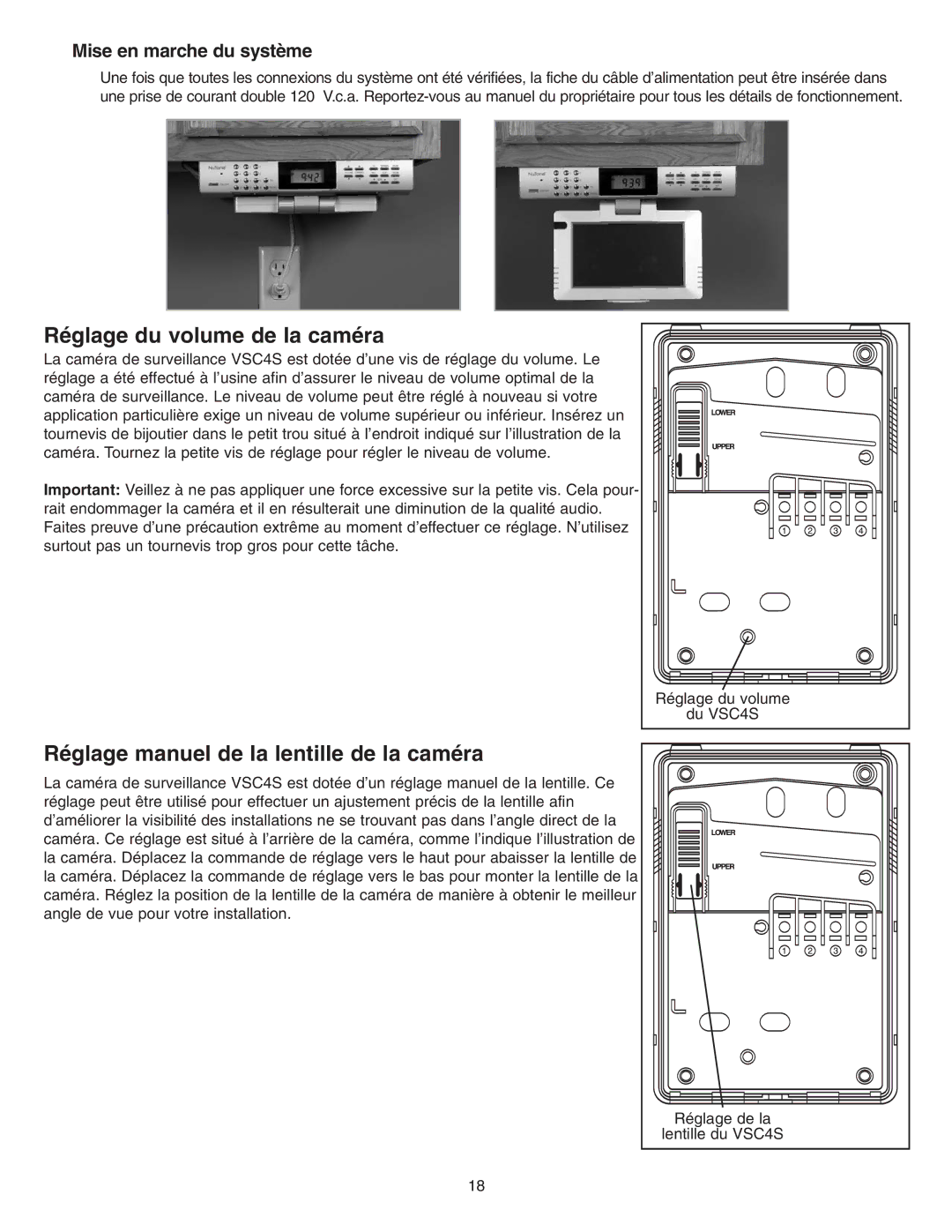 NuTone VSUC4SK Réglage du volume de la caméra, Réglage manuel de la lentille de la caméra, Mise en marche du système 