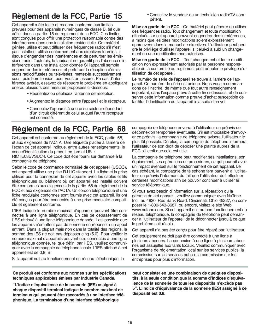 NuTone VSUC4SK installation instructions Règlement de la FCC, Partie 