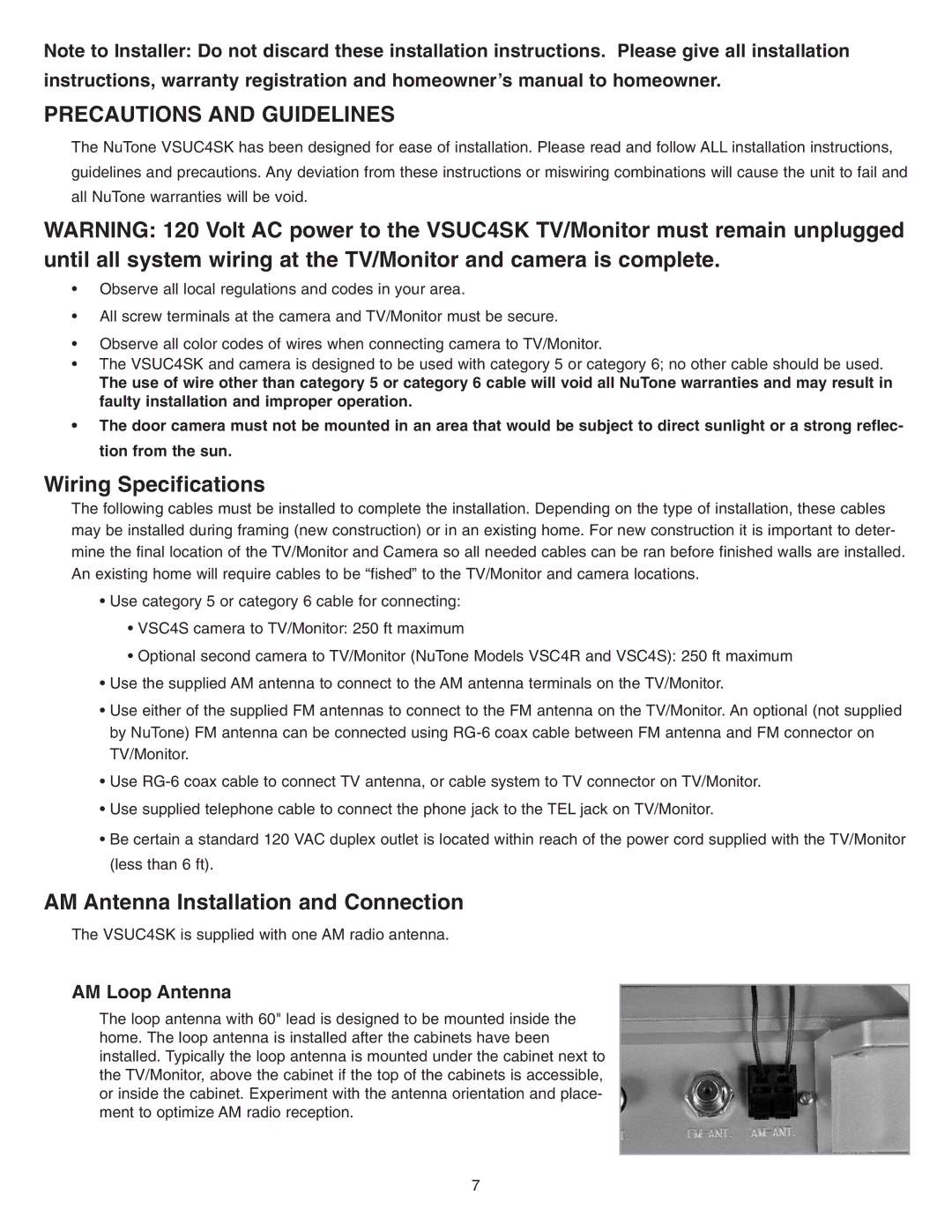 NuTone VSUC4SK installation instructions Wiring Specifications, AM Antenna Installation and Connection, AM Loop Antenna 