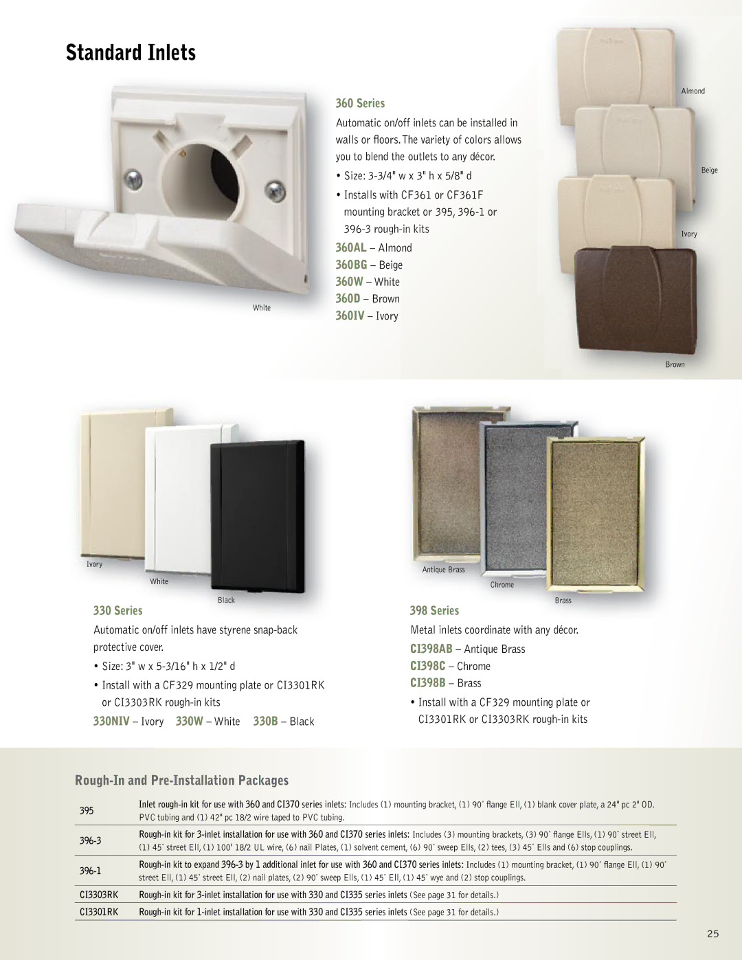 NuTone VX550, VX1000, CH620, CH615, CH515 manual Standard Inlets, Rough-In and Pre-Installation Packages, Series, CI398B Brass 