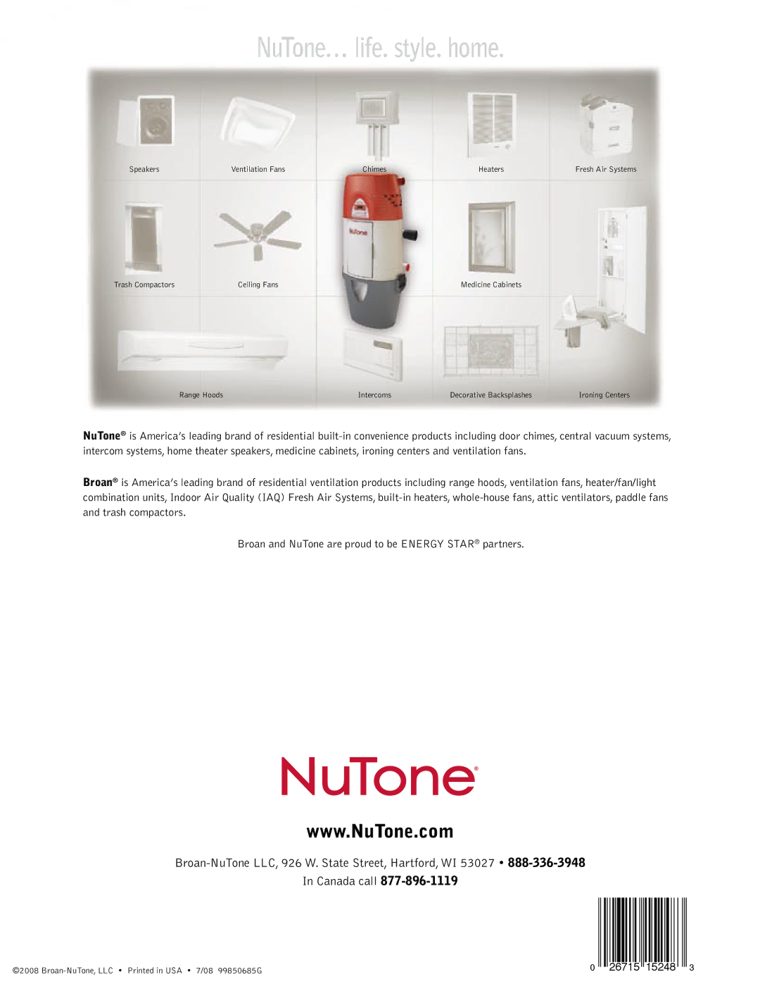 NuTone CH620, VX1000, VX550, CH615, CH515, CT350B manual NuTone… life. style. home 