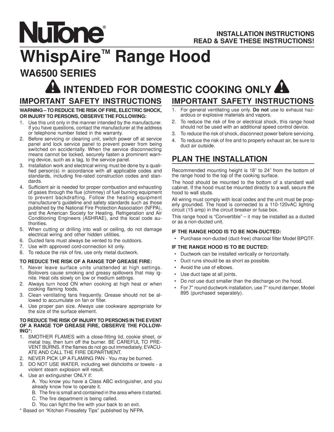 NuTone WA6500 installation instructions Important Safety Instructions, Plan the Installation 