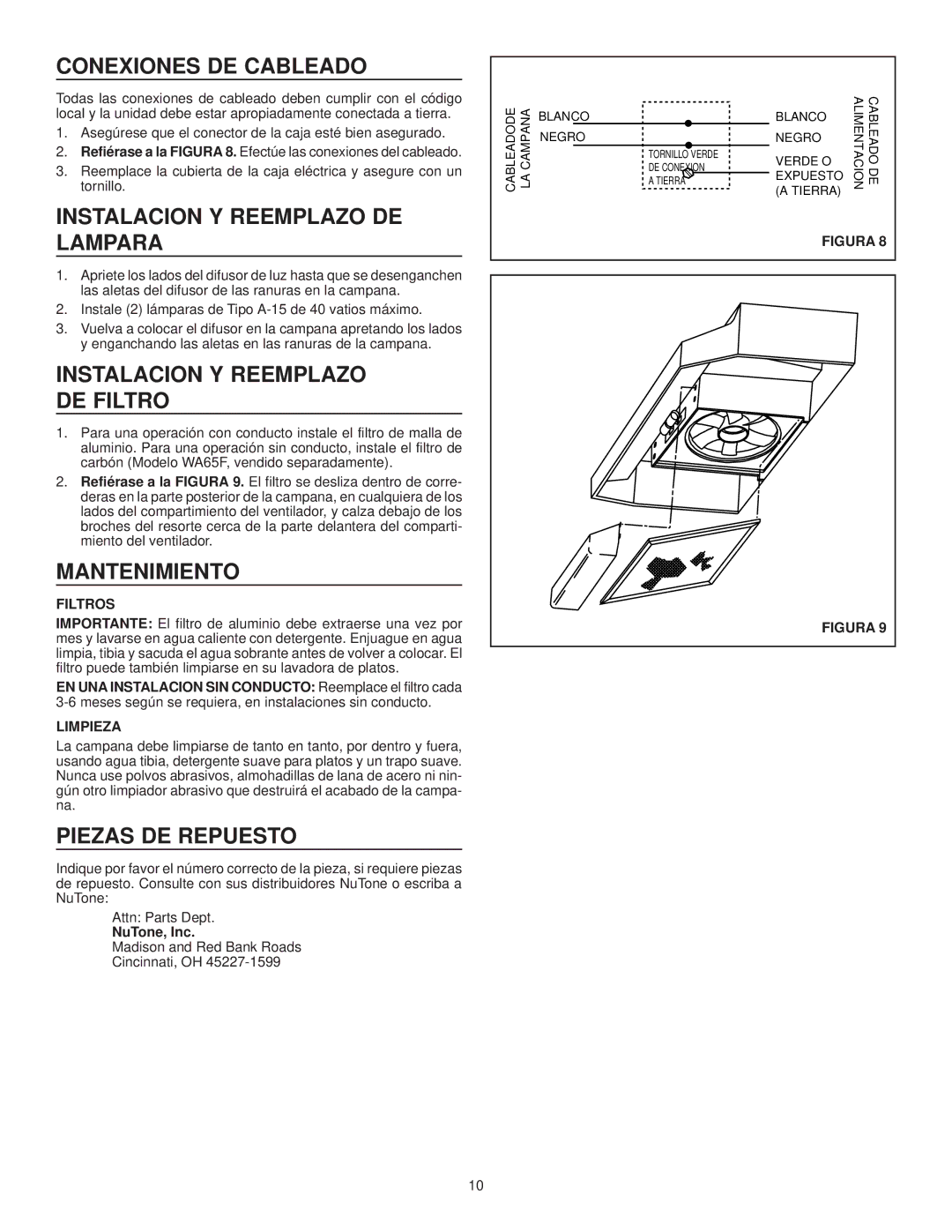NuTone WA6500 Conexiones DE Cableado, Instalacion Y Reemplazo DE Lampara, Instalacion Y Reemplazo DE Filtro, Mantenimiento 