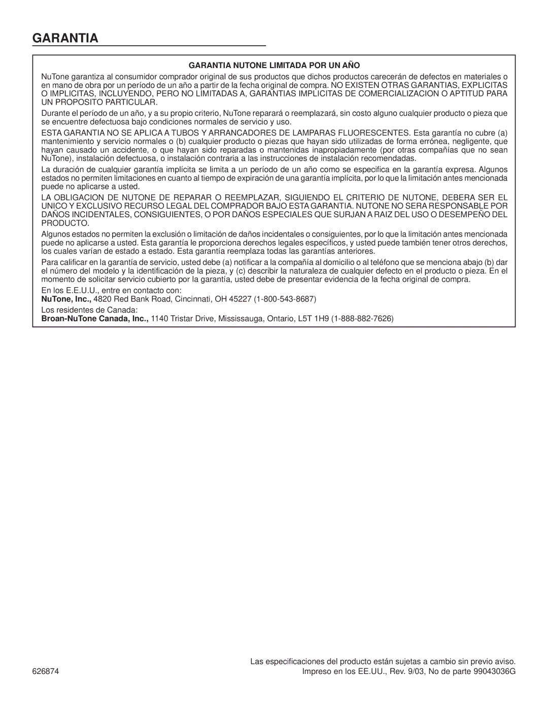 NuTone WA6500 installation instructions Garantia Nutone Limitada POR UN AÑO 