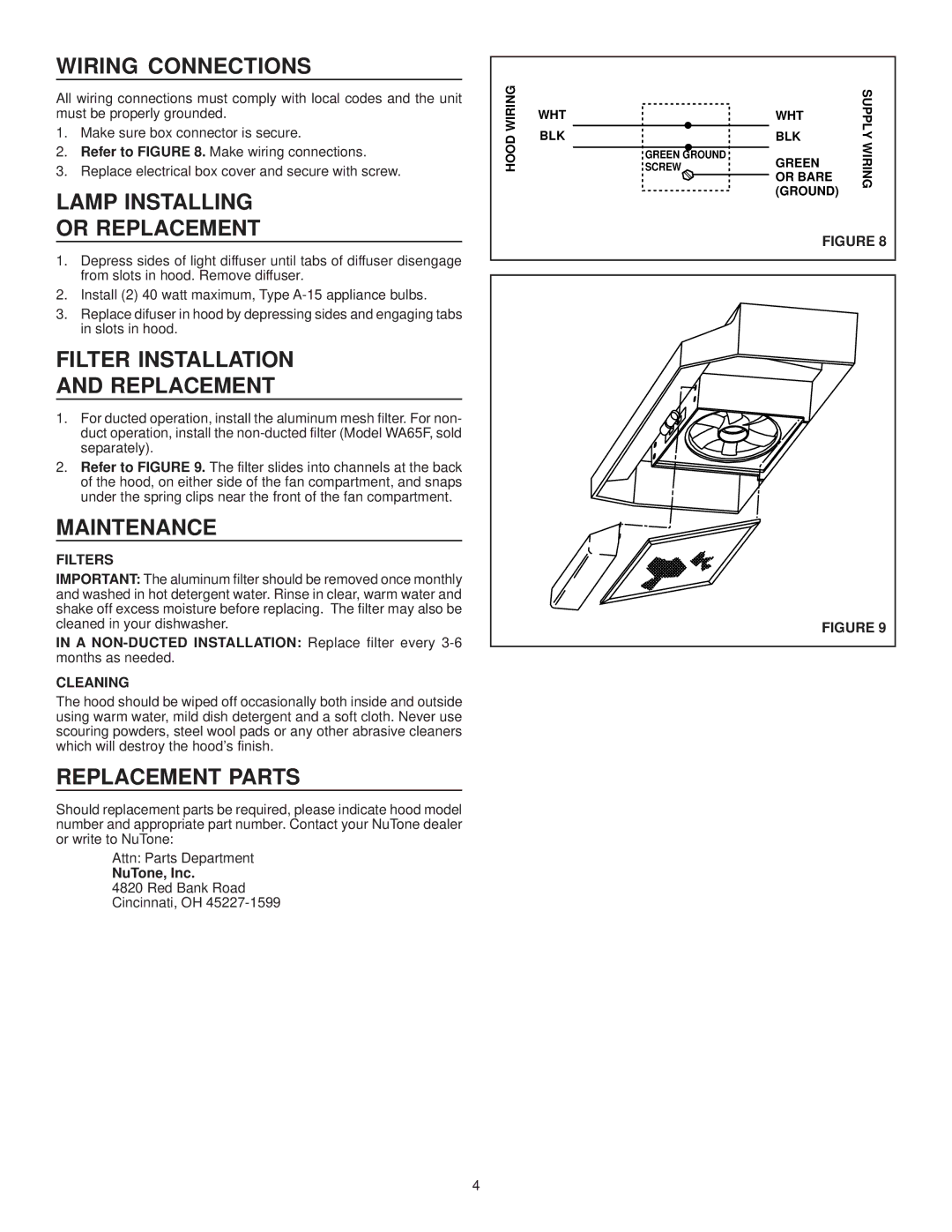 NuTone WA6500 Wiring Connections, Lamp Installing Or Replacement, Filter Installation Replacement, Maintenance 