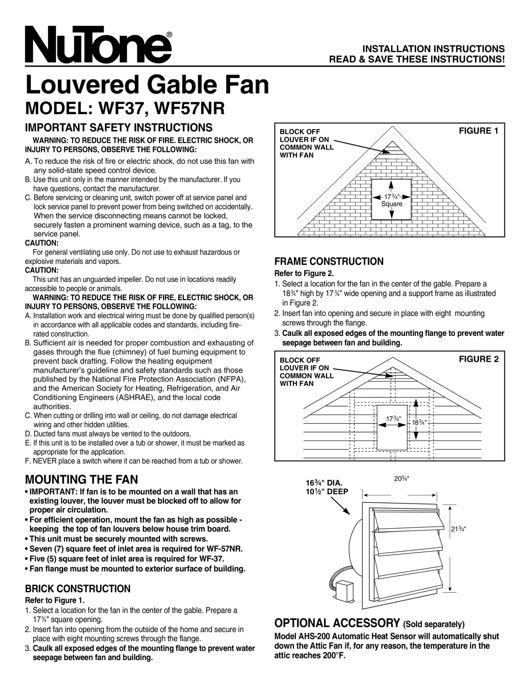 NuTone installation instructions Louvered Gable Fan, Model WF37, WF57NR, Mounting the FAN 